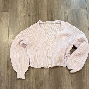 Light Pink V-Neck Cropped Knit Cardigan Sweater